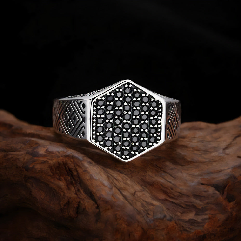 Men's Hexagonal Onyx Signet Ring - Sterling Silver