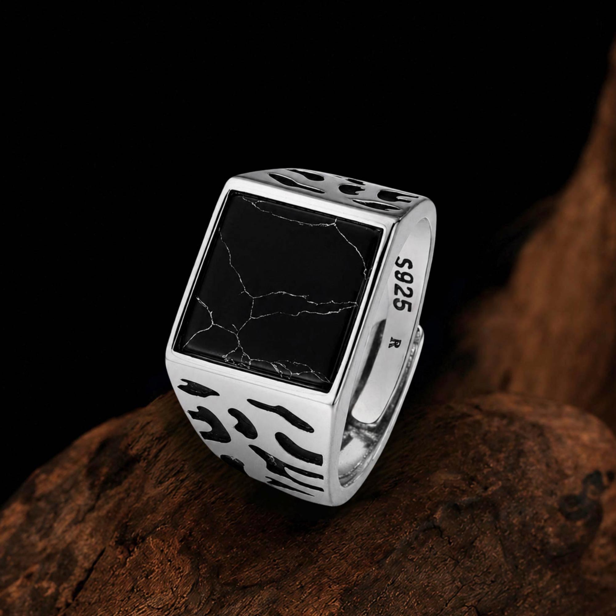 Men's Black Stone Signet Ring - 925 Sterling Silver