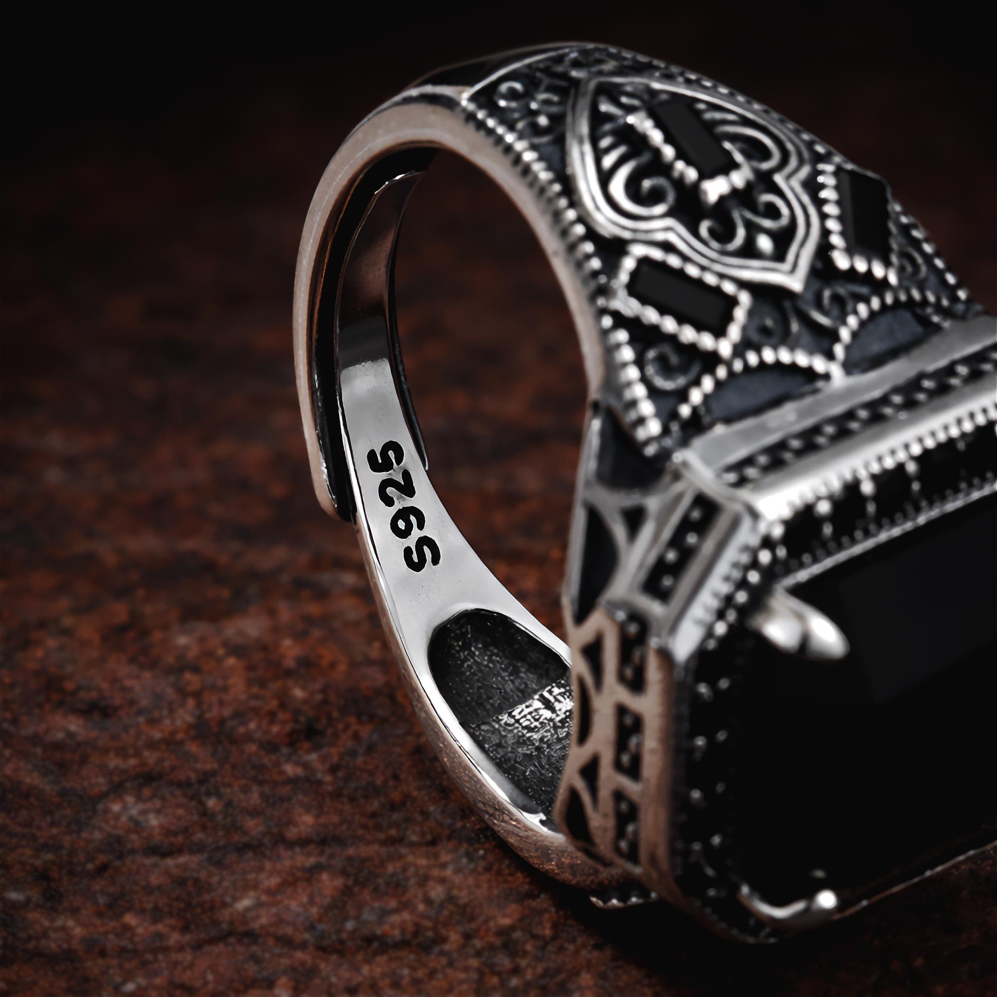 Handmade Adjustable 925 Sterling Silver Black Stone Signet Ring