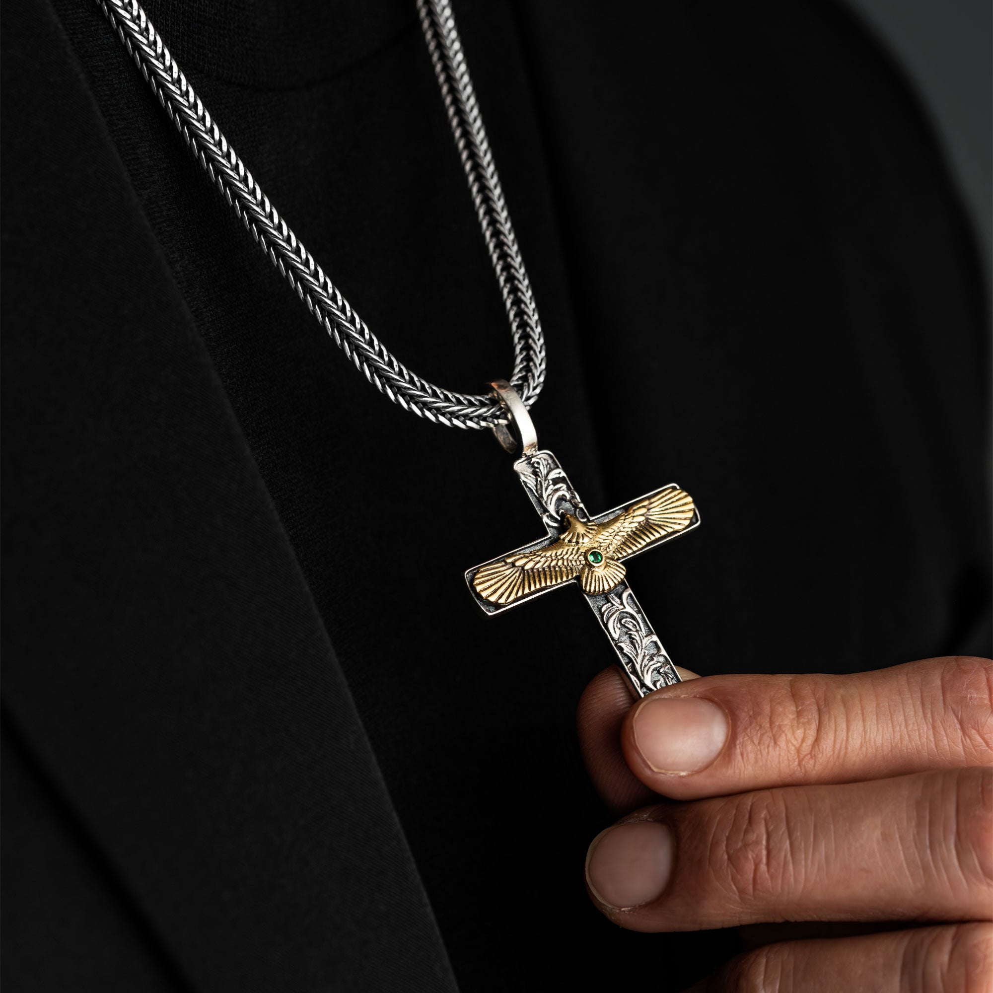 S925 Silver Handmade Cross Eagle Pendant Necklace For Men - Norcia