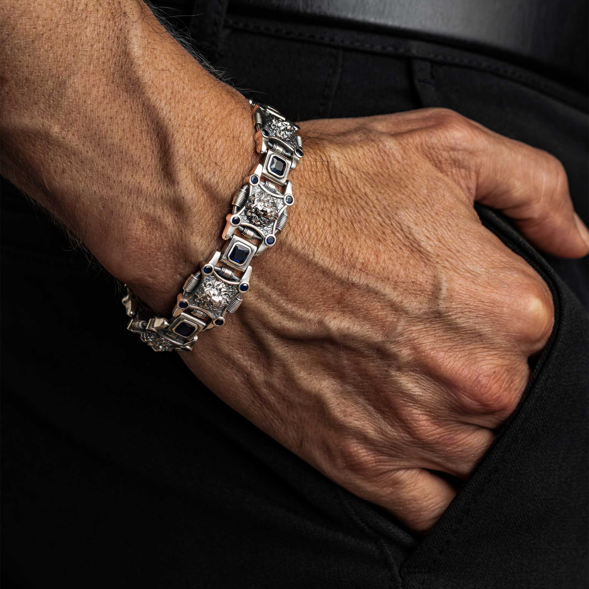 Men's Lion Bracelet - 925 Sterling Silver, Blue Stone