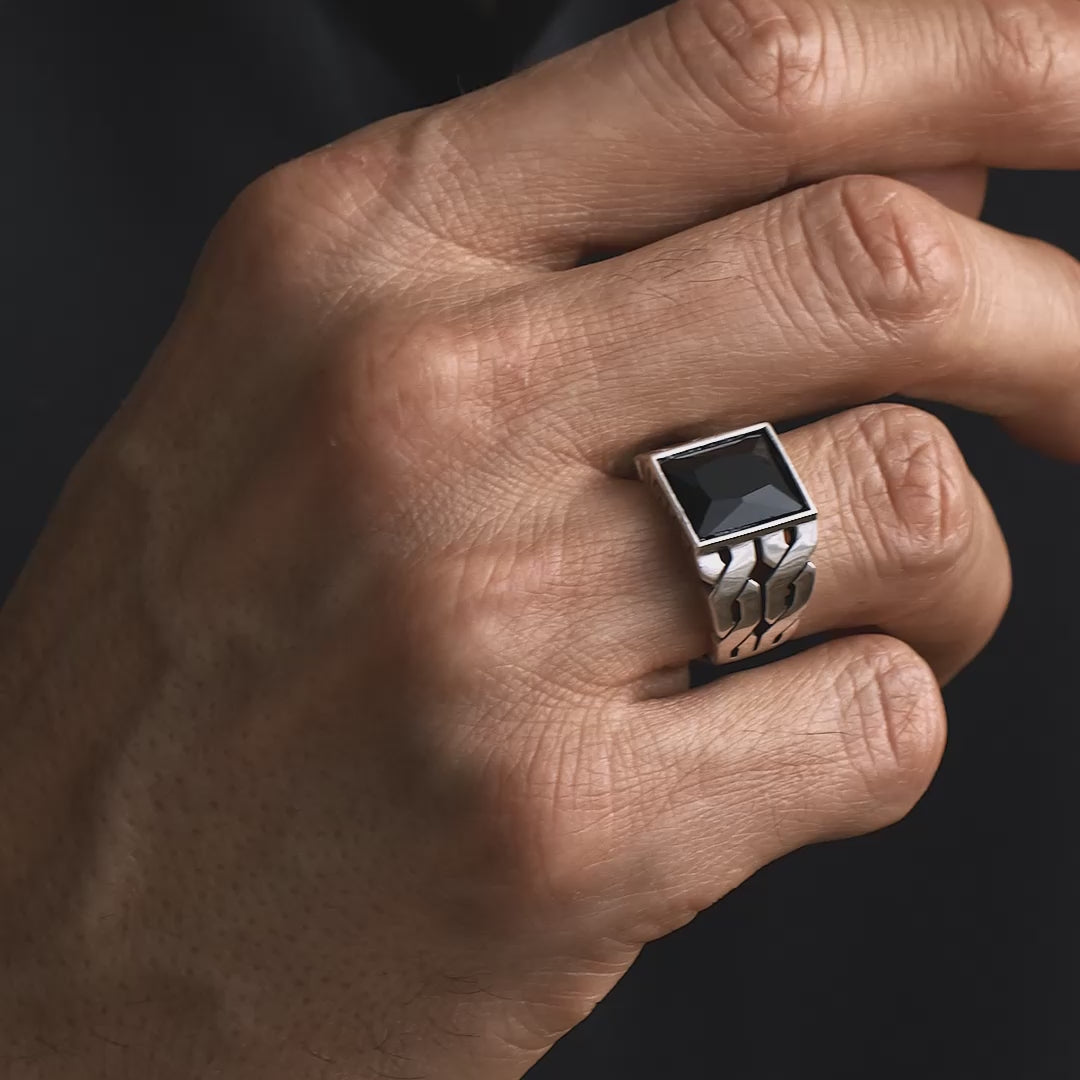Men's Square Black Onyx Ring - Sterling Silver