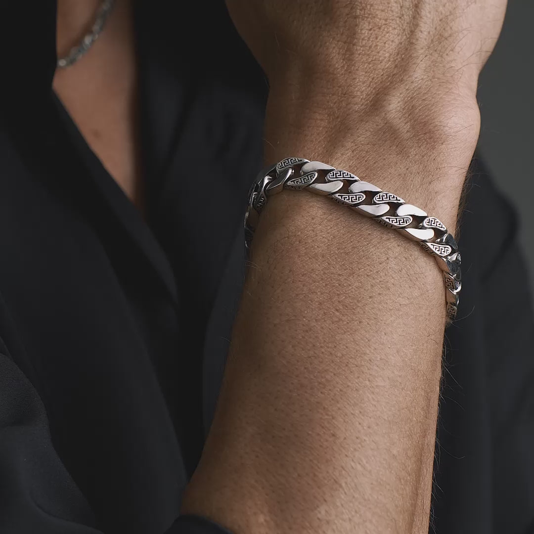 Men's Greek Key Curb Bracelet - 925 Sterling Silver